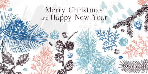 Merry Christmas background. Collage style banner with winter trees, evergreen plants, conifers and nuts drawing. Vector design with hand drawn botanical illustrations. Trendy New Year card template