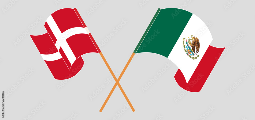 Crossed and waving flags of Denmark and Mexico Crossed and waving flags of Denmark and Mexico