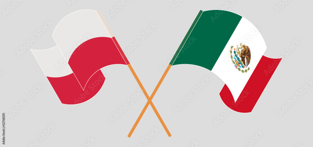 Crossed and waving flags of Poland and Mexico Crossed and waving flags of Poland and Mexico