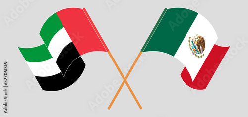 Crossed and waving flags of the United Arab Emirates and Mexico