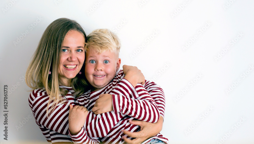 Portrait of happy mother and son over white background , Mother’s Day background