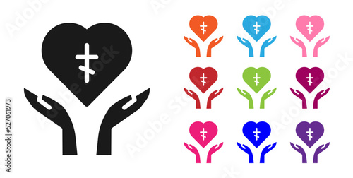 Black Religious cross in the heart inside icon isolated on white background. Love of God, Catholic and Christian symbol. People pray. Set icons colorful. Vector