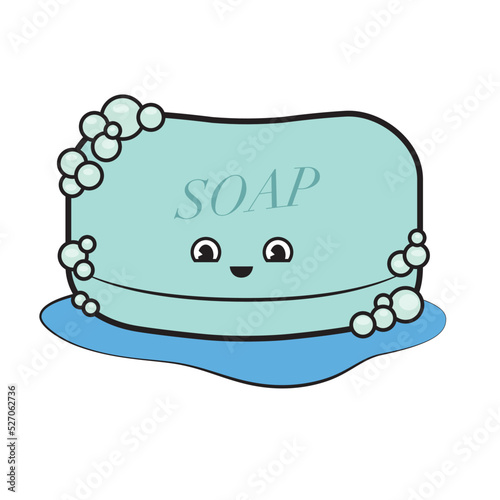 Happy smiling soap bar with bubbles and puddle