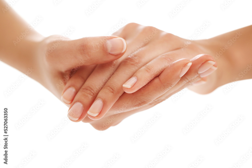 Beautiful woman hands with french manicure isolated on white background. Beautiful woman hands with french manicure isolated on white background.