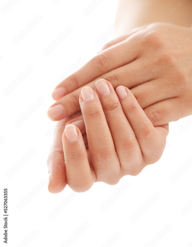 Beautiful woman hands with french manicure isolated on white background. Beautiful woman hands with french manicure isolated on white background.
