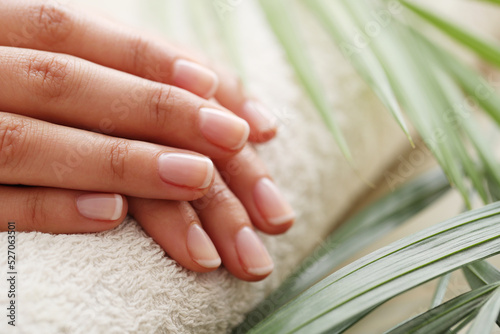 Beautiful woman hands with manicure isolated on light background.