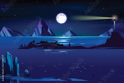 A beautiful lighthouse tower with a ray of night in the dark.10