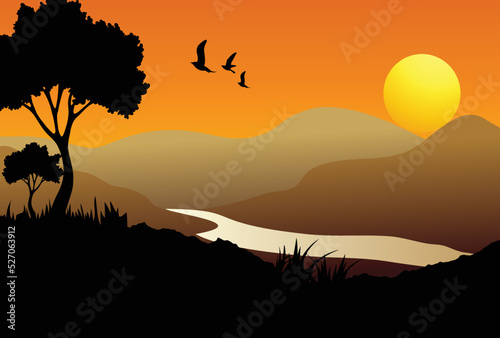 Landscape background with trees silhouette against sunset, hills and birds.06 © Jerin