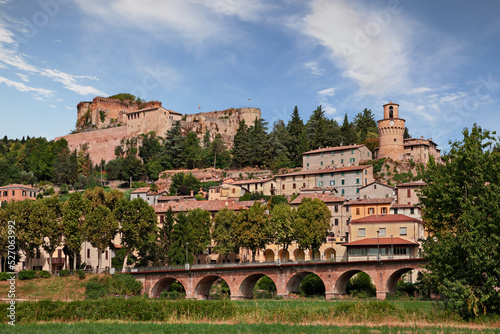 Castrocaro Terme, Forli-Cesena, Emilia-Romagna, Italy: landscape of the spa town with the ancient castle on the hill photo