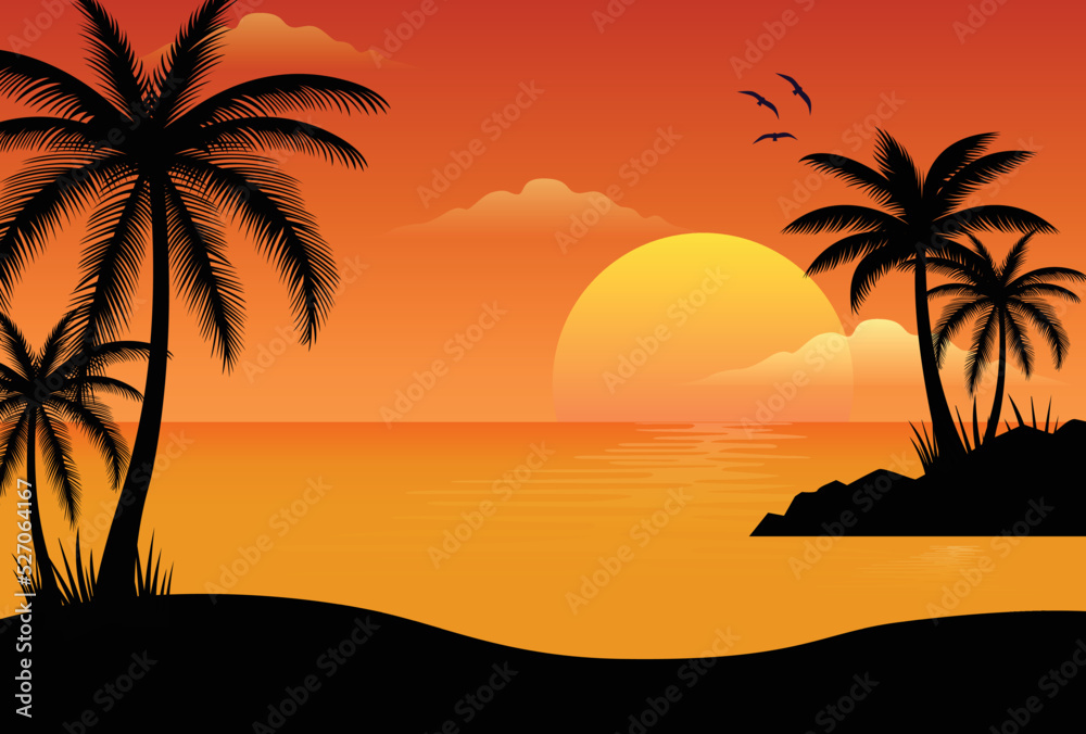 Summer background on the beach sunset sunrise with dark palm trees silhouette.03