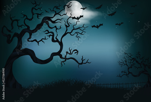 Halloween night illustration with dark castle cemetery crosses, dead trees and bats.04
