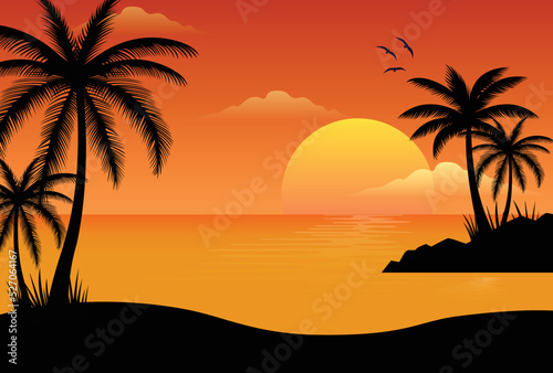 Summer background on the beach sunset sunrise with dark palm trees silhouette.03 © Jerin