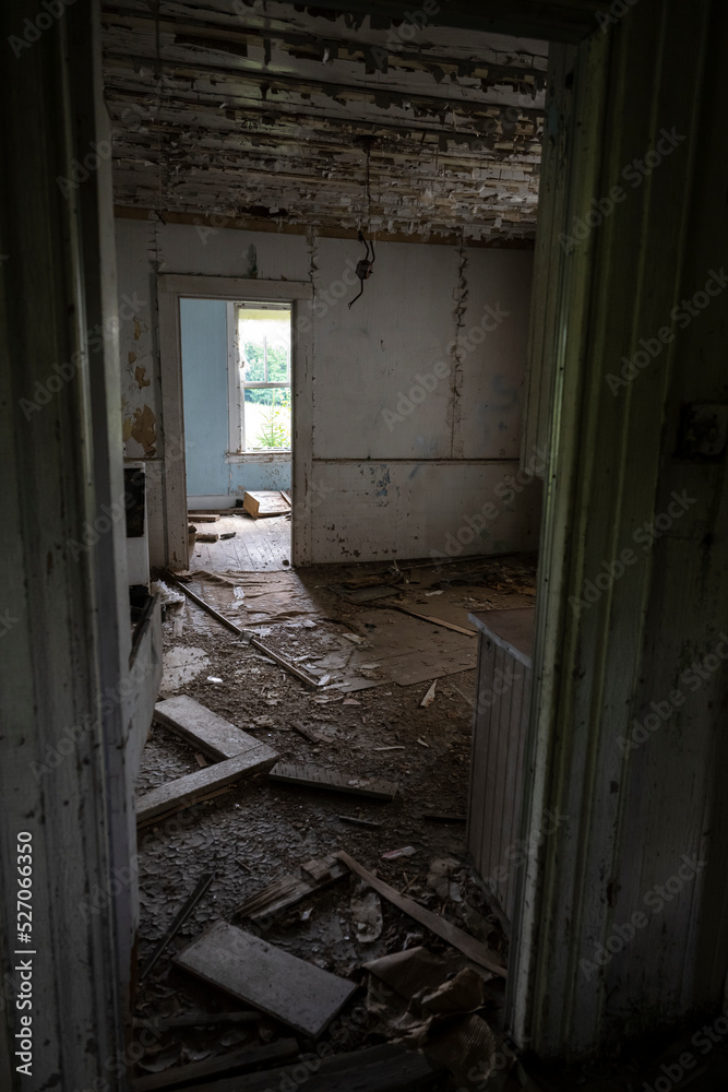 A badly damaged abandoned house interior