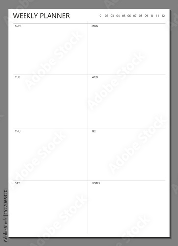 Weekly planner template. Blank notebook page isolated on grey. Business organizer page. Paper sheet 2