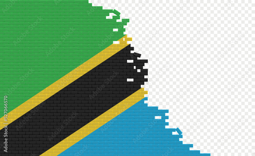 Fototapeta premium Tanzania flag on broken brick wall. Empty flag field of another country. Country comparison. Easy editing and vector in groups.