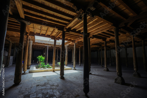 Ancient Wooden Juma Mosque with Curved Pillars of Itchan Kala, in the walled Old City of Khiva, Uzbekistan