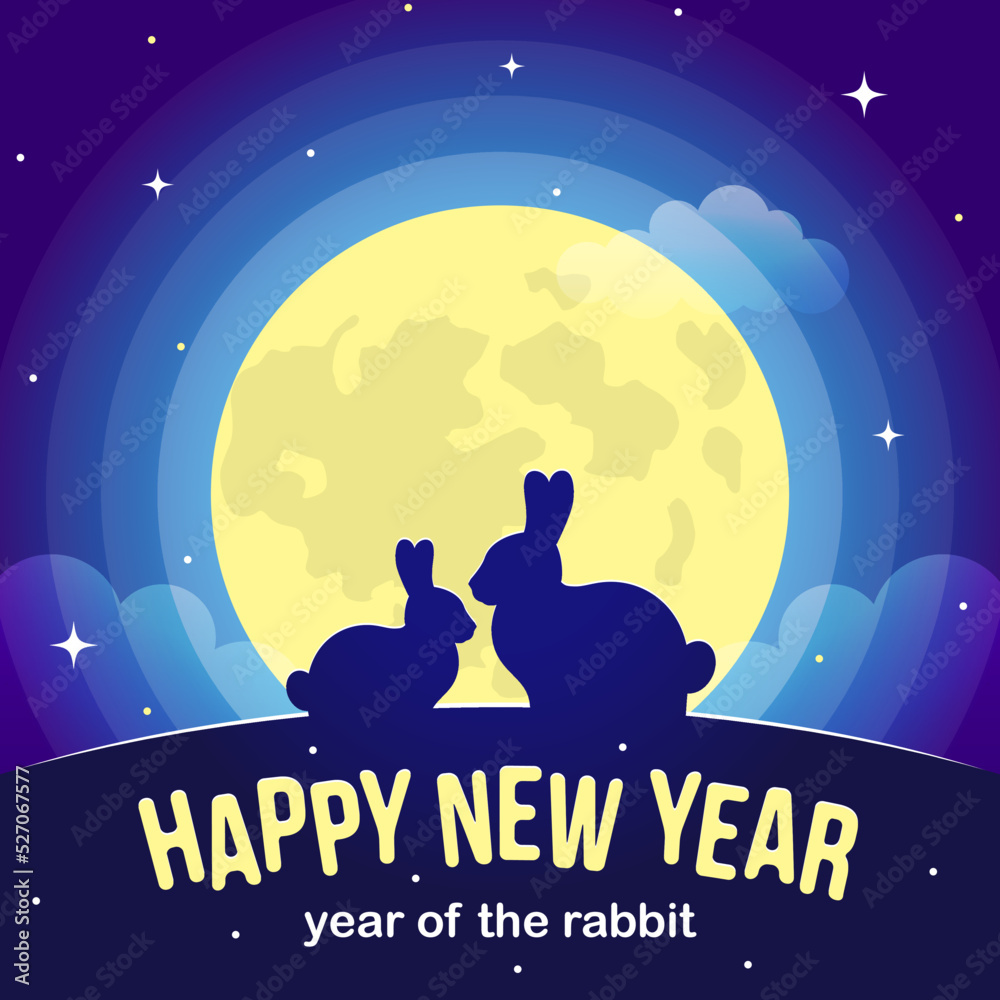Two silhouettes of a rabbit against the background of a yellow moon and a blue sky with stars. Card Happy New Year. Vector, illustration