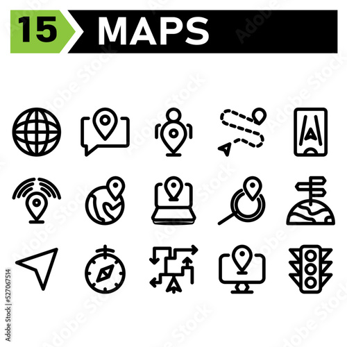 Maps And Navigation icon include globe, world, map, navigation, chat, communication, message, pin, user, road, location, destination, phone, place, signal, navigation, laptop, search, find