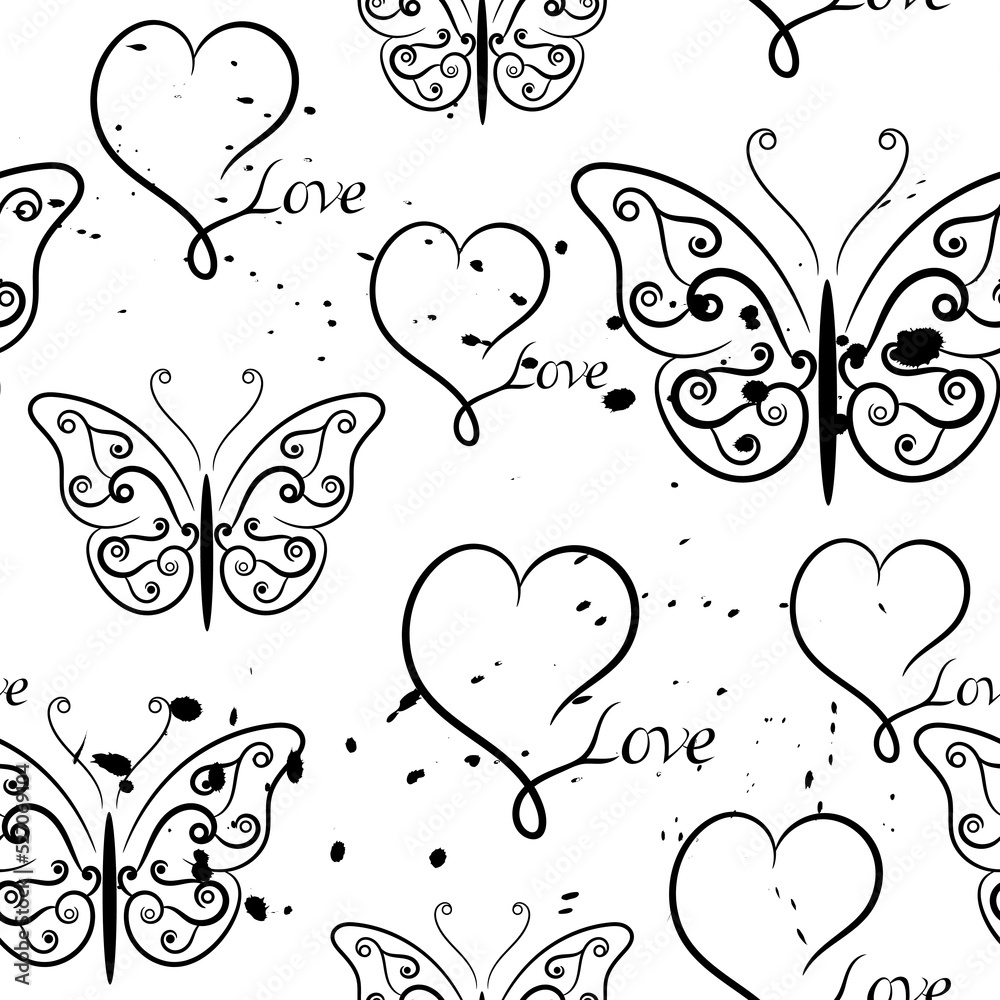 Seamless pattern with a butterfly, hearts and the inscription love. Decorative pattern. Prints, packaging template, textiles, bedding and wallpaper. Seamless pattern with a butterfly, hearts and the inscription love. Decorative pattern. Prints, packaging template, textiles, bedding and wallpaper.