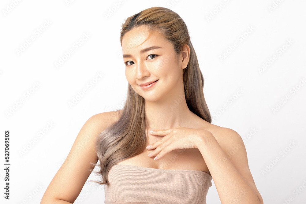 Happy beautiful young asian woman clean fresh bare skin concept. Asian girl beauty face skincare and health wellness, Facial treatment, Perfect skin, Natural make up. Isolated on white background. Happy beautiful young asian woman clean fresh bare skin concept. Asian girl beauty face skincare and health wellness, Facial treatment, Perfect skin, Natural make up. Isolated on white background.
