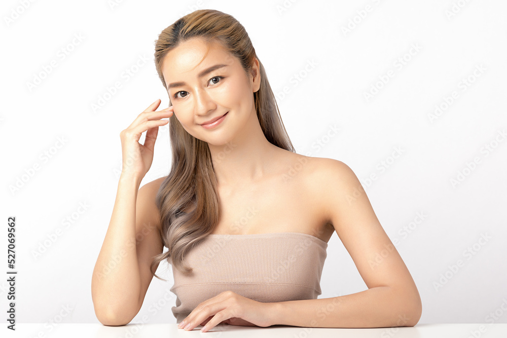 Happy beautiful young asian woman clean fresh bare skin concept. Asian girl beauty face skincare and health wellness, Facial treatment, Perfect skin, Natural make up. Isolated on white background. Happy beautiful young asian woman clean fresh bare skin concept. Asian girl beauty face skincare and health wellness, Facial treatment, Perfect skin, Natural make up. Isolated on white background.