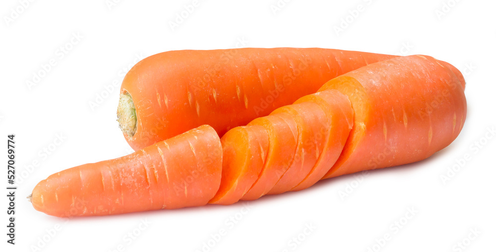 Two fresh orange carrots with slices isolated on white background with clipping path Two fresh orange carrots with slices isolated on white background with clipping path