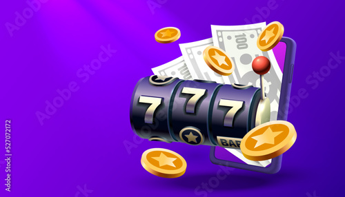 Casino slots machine winner, online games phone, 777 win banner. Vector