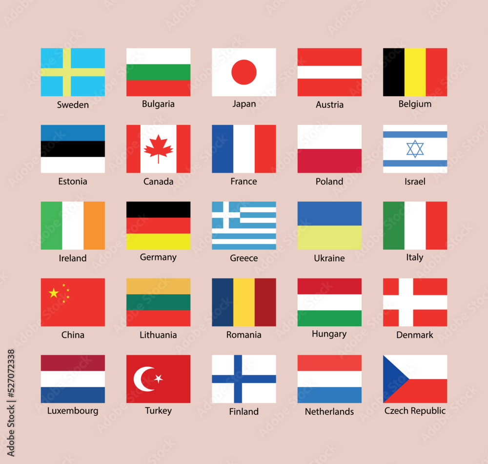 Vetor de World flags with country names. Waving flag design. Vector ...