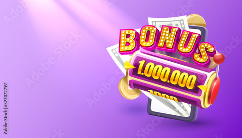 Casino slots machine winner, jackpot fortune bonus 1000000, 777 win banner. Vector