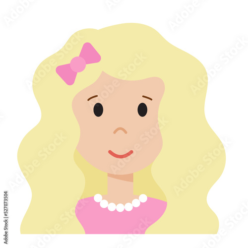Funny cartoon woman face, cute avatar or portrait. Girl with beautiful fair hair and bow. Young character for web in flat style. Print for sticker, emoji, icon. Minimalistic face, vector illustration.