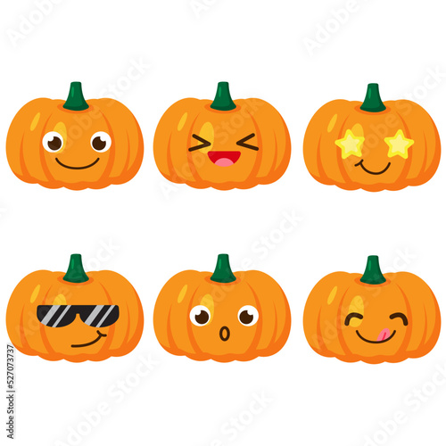 Set of pumpkin emojis. Kawaii style icons, vegetable characters. Vector illustration in cartoon flat style. Set of funny smiles or emoticons. Good nutrition and vegan concept. illustration for kids. 