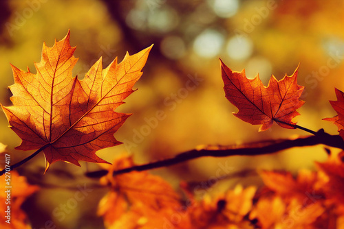 A close up view of orange dying autumn leaves. A.I. generated art.
