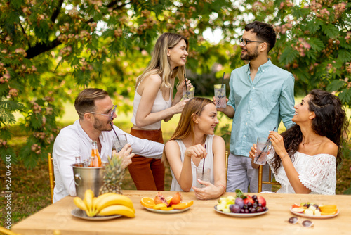 Group of happy young people cheering with fresh lemonade and eating fruits in the garden