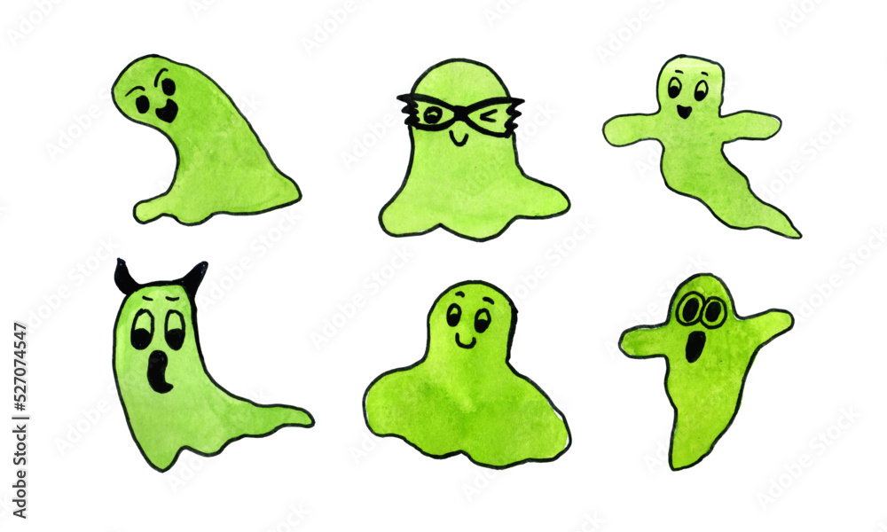 Obraz premium Watercolor cute Halloween ghost design. Eco friendly hand painted beautiful green, decorative Halloween ghost 
