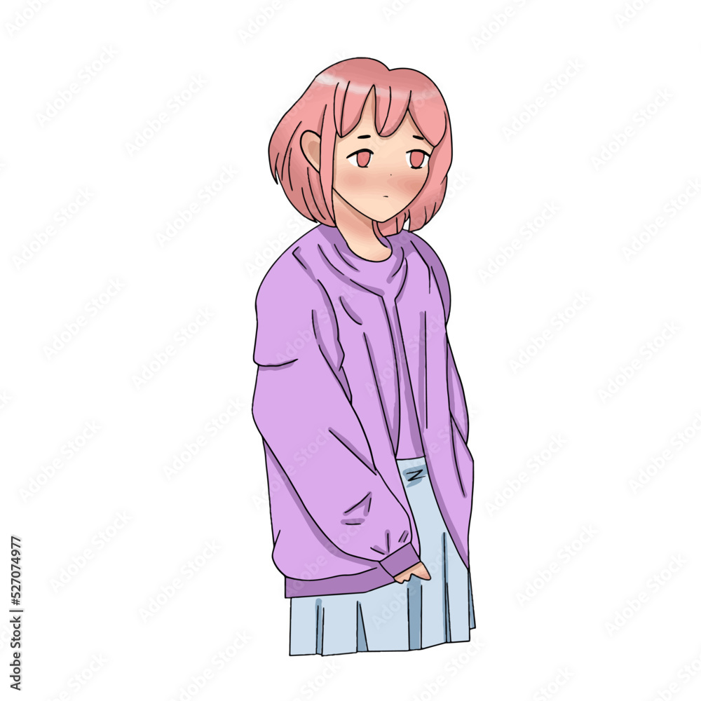 Fototapeta premium cartoon style girl standing in a long raincoat on the street autumn