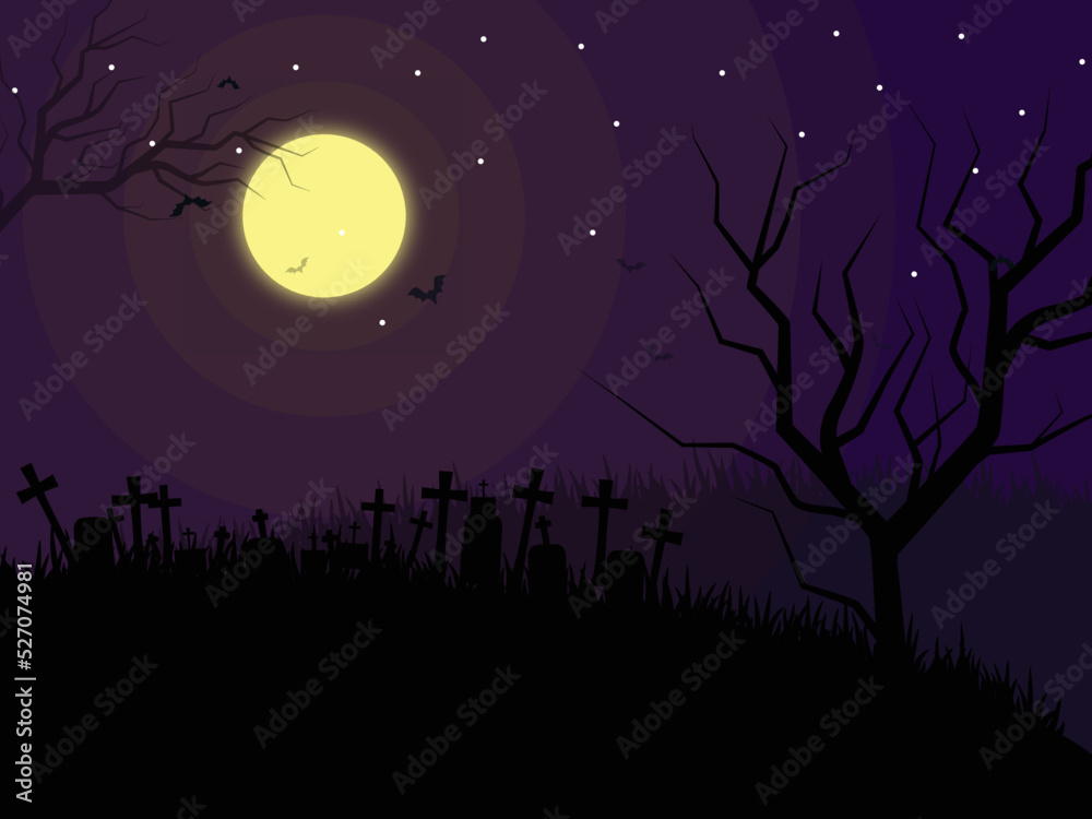 Halloween background with cemetery and bats against a moonlit sky