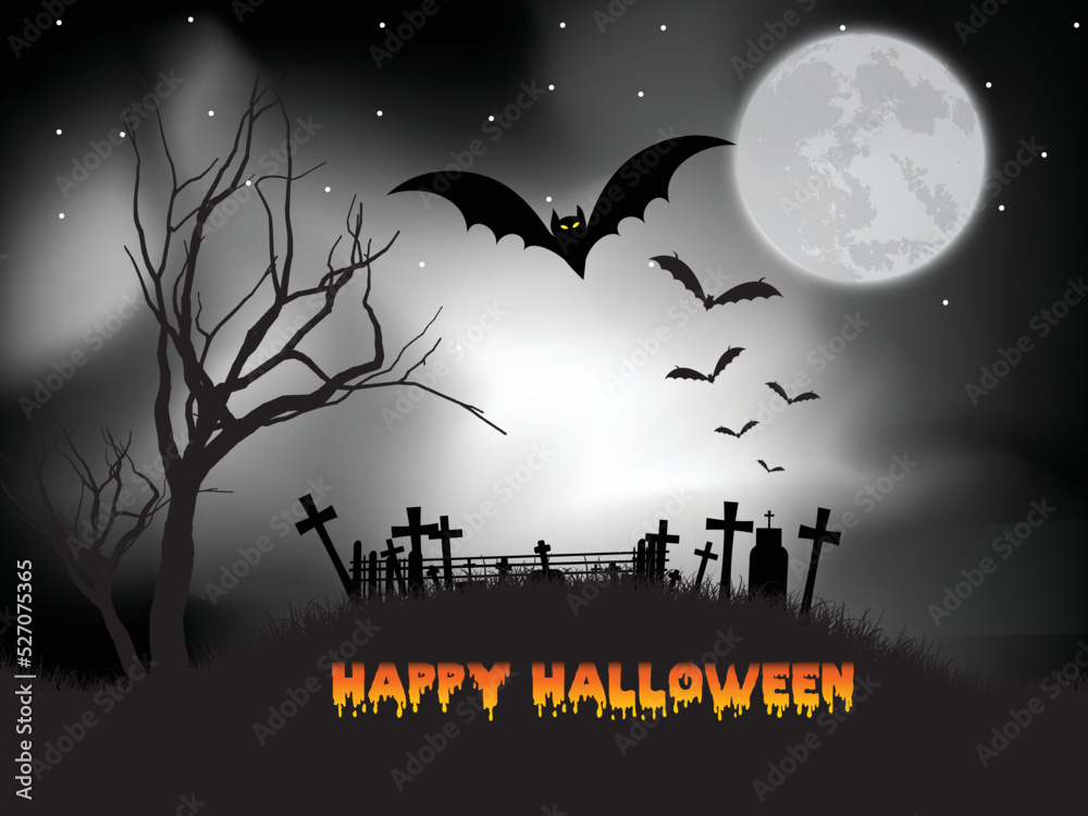 Spooky halloween background with bats and cemetery