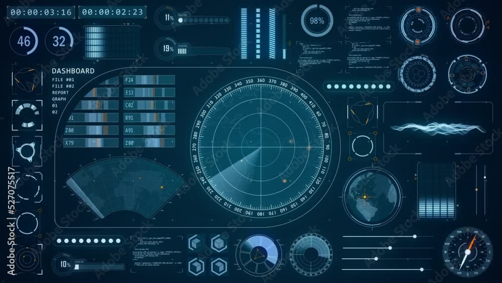 Motion graphic of Blue color sonar radar screen searching an object with futuristic head up display ( HUD UI ) technology interface screen and chat panel abstract background