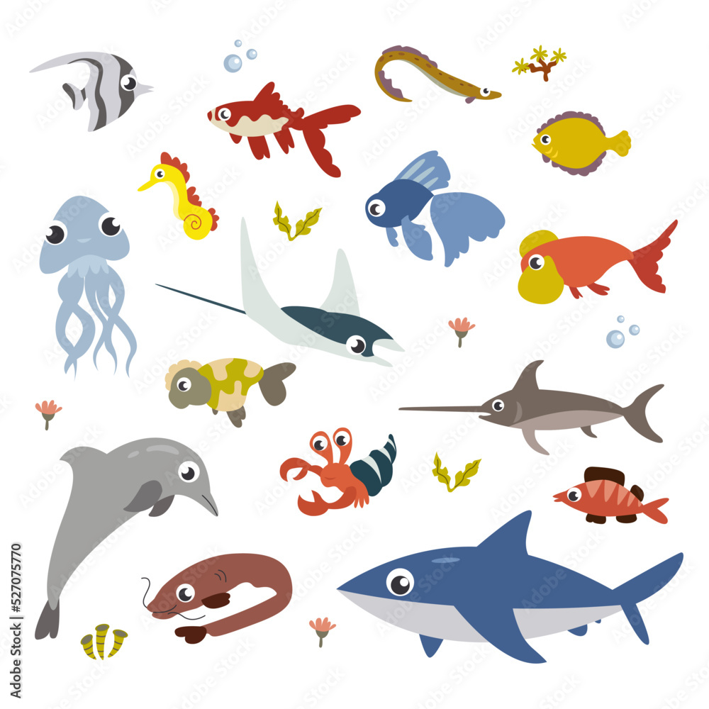 Big vector set of cute funny  cartoon animals, fish for apps, books, cards, or stickers