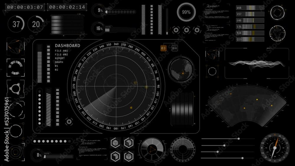 Motion graphic of Sonar radar screen searching an object with futuristic head up display ( HUD UI ) technology interface screen and chat panel abstract background Alpha channel included	