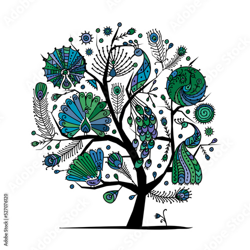 Peacocks on tree, ethnic style concept art for your design. Vector illustration