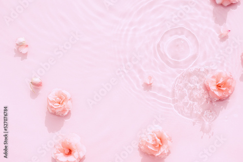 Water beauty background. Natural pattern with pink roses on surface of transparent water close-up