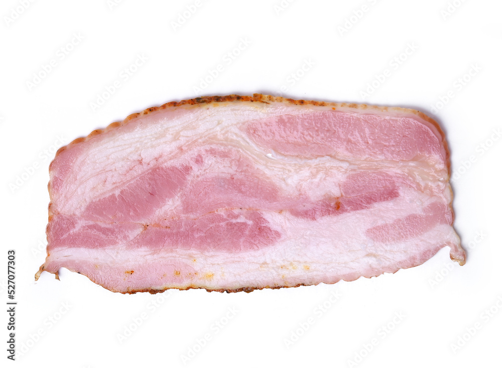 Hot raw bacon slices isolated on a white background Hot raw bacon slices isolated on a white background
