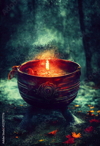 Photo A mystical halloween witches cauldron illustration with a magical flame against a grunge style wooded background