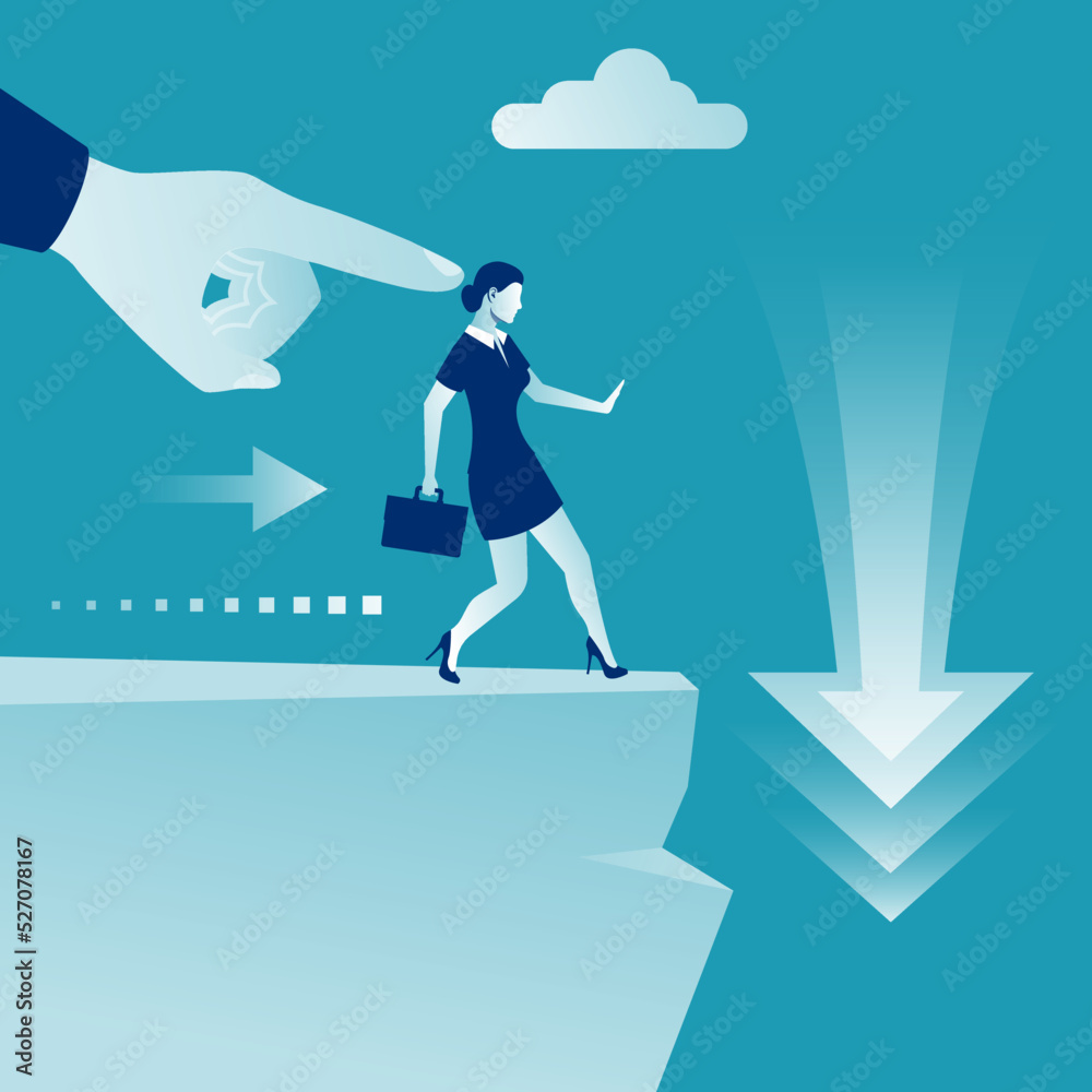 Man pushes a businesswoman with a cliff. Big hand of leader pushes subordinate employee into abyss. Standing on cliff. Danger of falling into abyss. Business challenge concept. Vector flat design. Man pushes a businesswoman with a cliff. Big hand of leader pushes subordinate employee into abyss. Standing on cliff. Danger of falling into abyss. Business challenge concept. Vector flat design.
