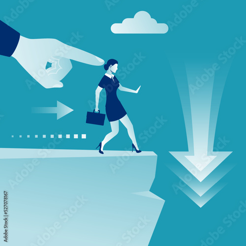Man pushes a businesswoman with a cliff. Big hand of leader pushes subordinate employee into abyss. Standing on cliff. Danger of falling into abyss. Business challenge concept. Vector flat design.