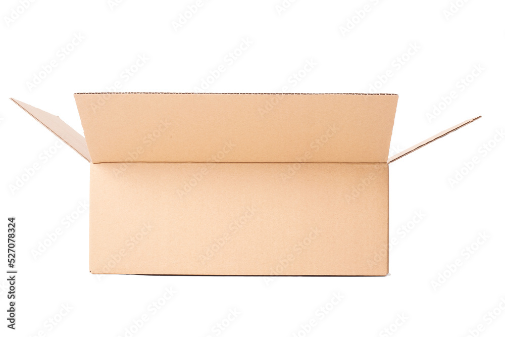 Side view of a one opened cardboard box on a white background Side view of a one opened cardboard box on a white background