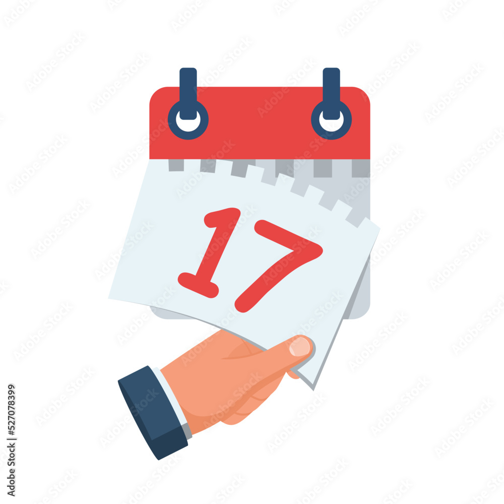 Tear off the calendar sheet. 17 is the date on the calendar. Off date. Deadline concept. Template page. Vector illustration flat design. Isolated on white background.