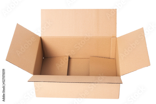 Image of a one scotched opened cardboard box on a white background