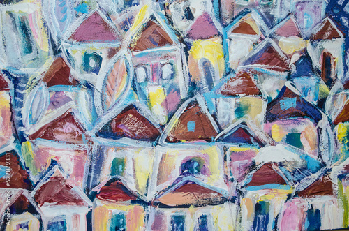 Picturesque houses with tiled roofs, painted with acrylic. A fragment of the old town.